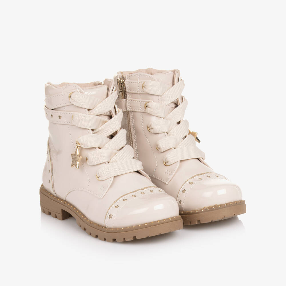 Mayoral-Girls Beige Faux Patent Leather Boots with Gold Stars | Childrensalon