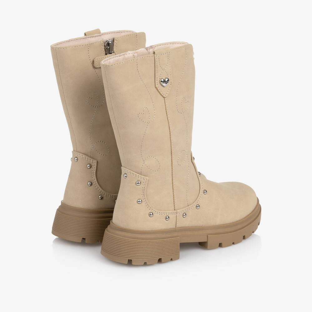 Mayoral-Girls Beige Faux Suede Boots with Studs & Embroidery | Childrensalon
