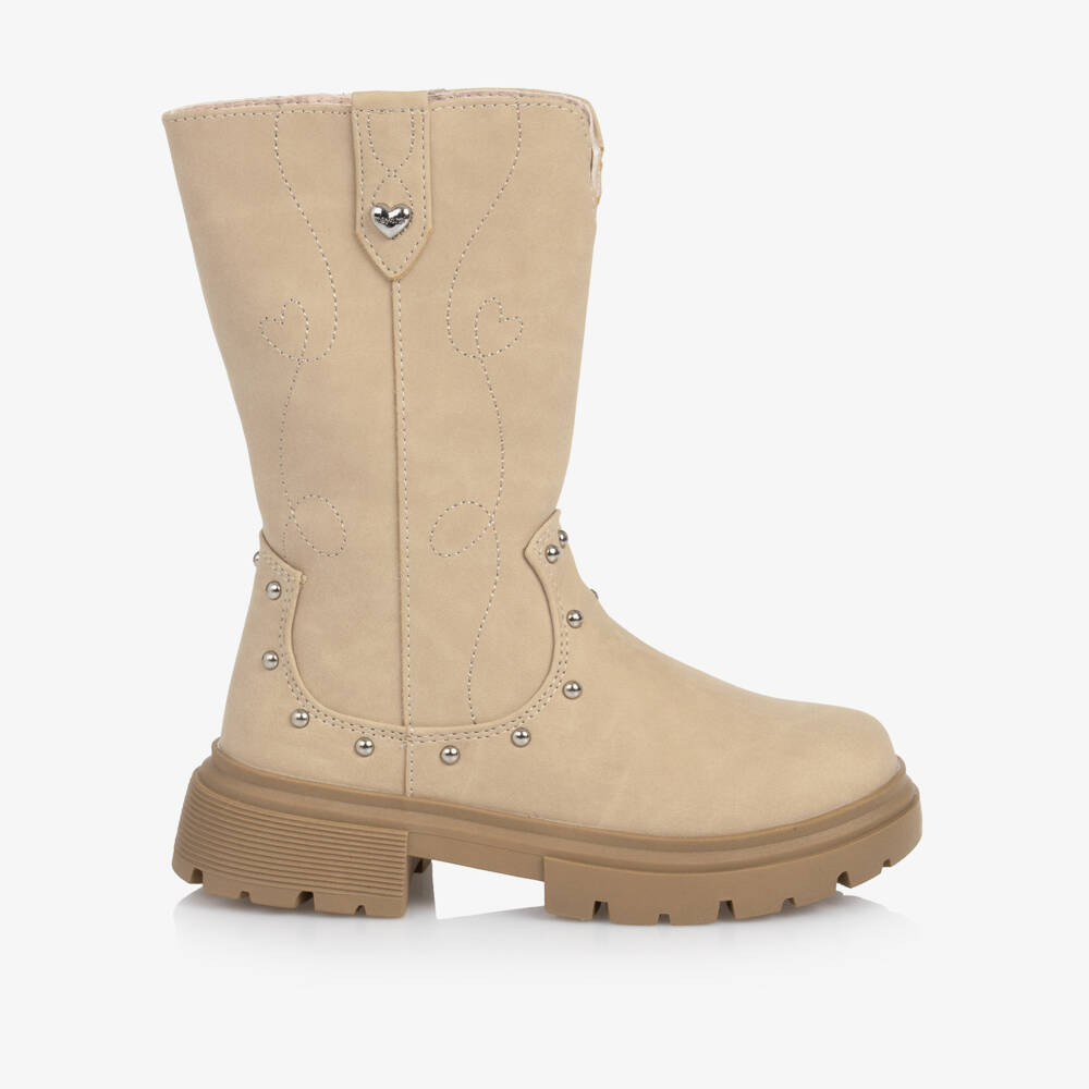 Mayoral-Girls Beige Faux Suede Boots with Studs & Embroidery | Childrensalon