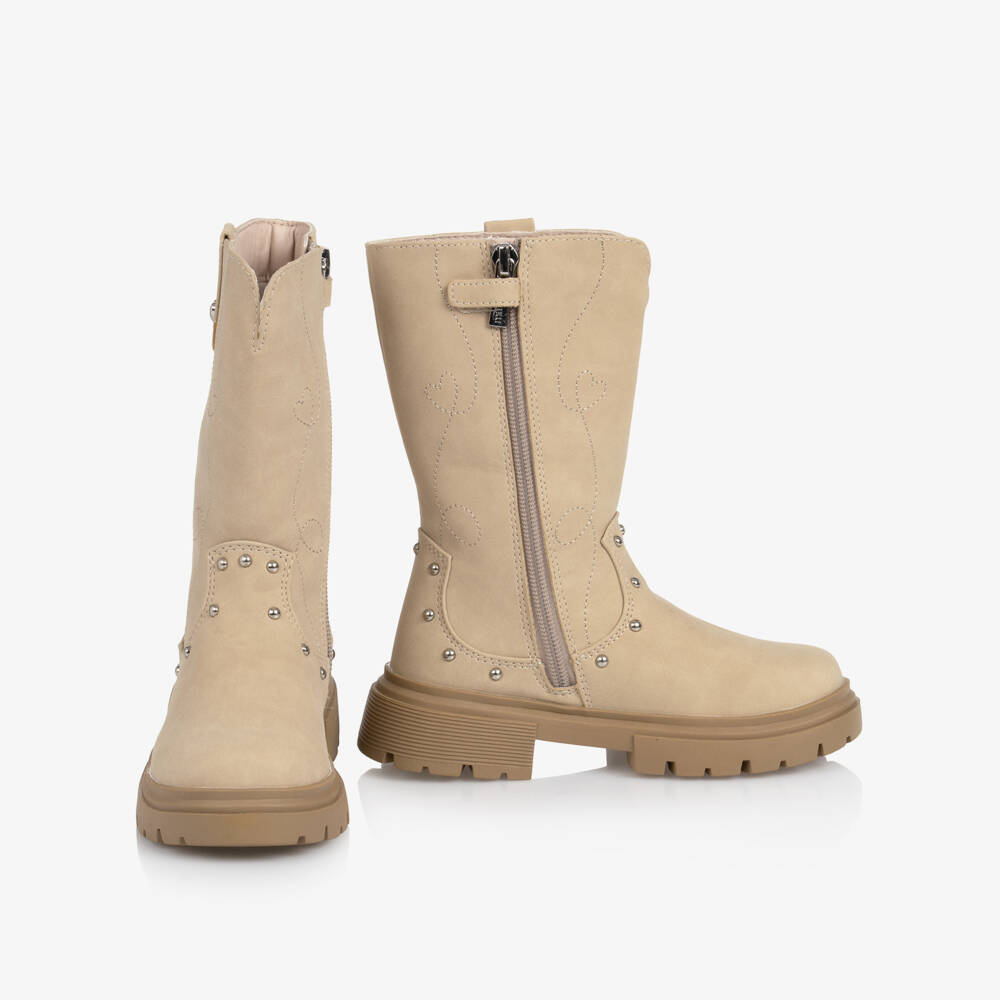Mayoral-Girls Beige Faux Suede Boots with Studs & Embroidery | Childrensalon