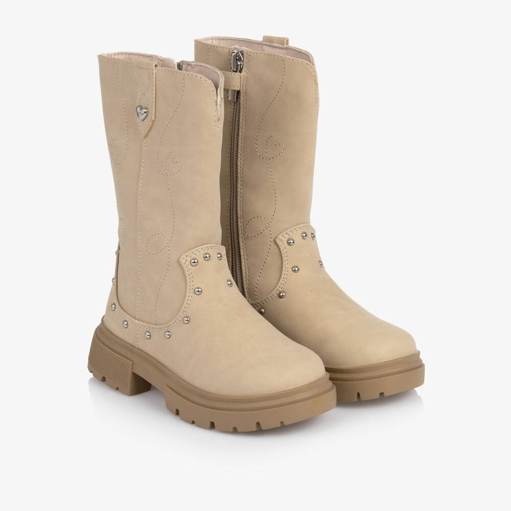 Mayoral-Girls Beige Faux Suede Boots with Studs & Embroidery | Childrensalon