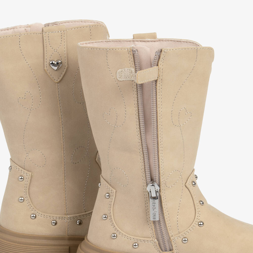 Mayoral-Girls Beige Faux Suede Boots with Studs & Embroidery | Childrensalon