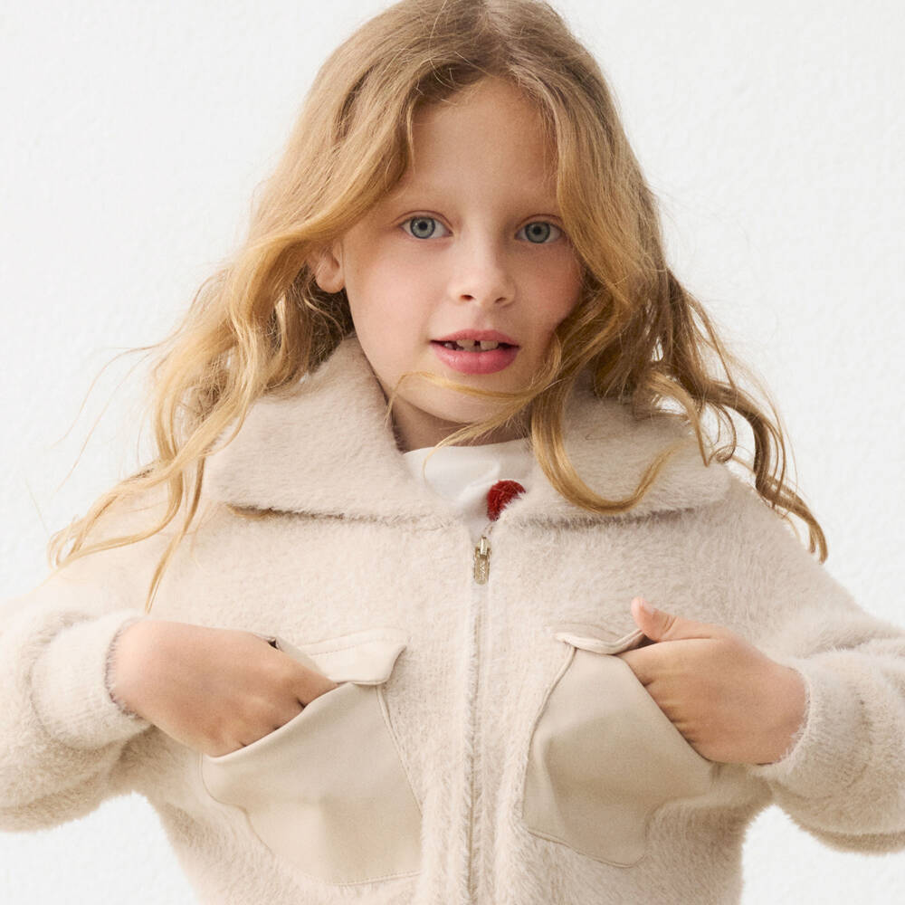 Mayoral-Girls Beige Fluffy Faux Fur Zip-Up Top | Childrensalon