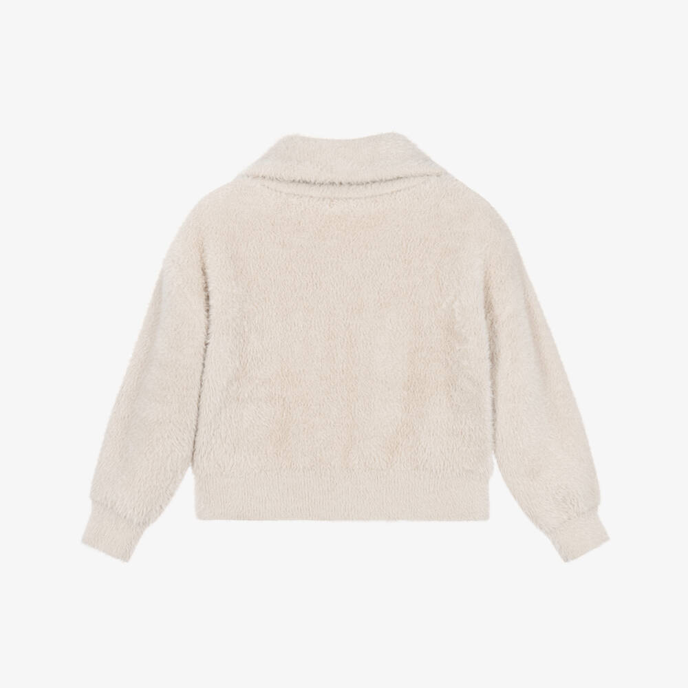 Mayoral-Girls Beige Fluffy Faux Fur Zip-Up Top | Childrensalon