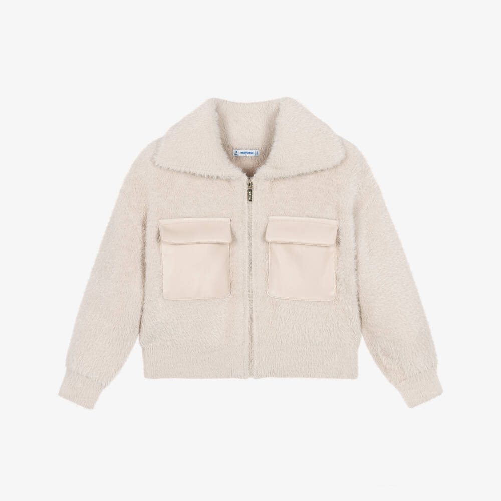 Mayoral-Girls Beige Fluffy Faux Fur Zip-Up Top | Childrensalon