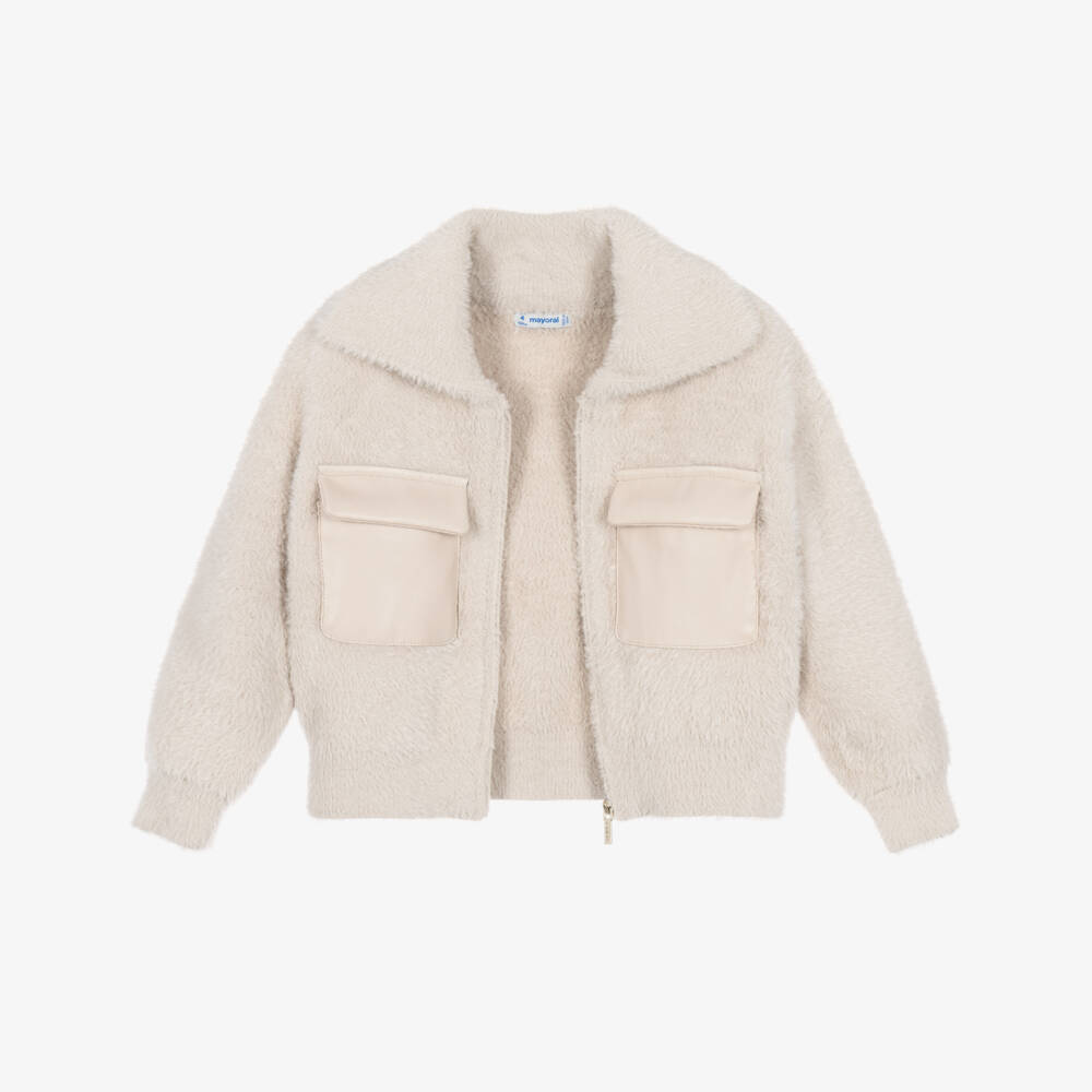 Mayoral-Girls Beige Fluffy Faux Fur Zip-Up Top | Childrensalon