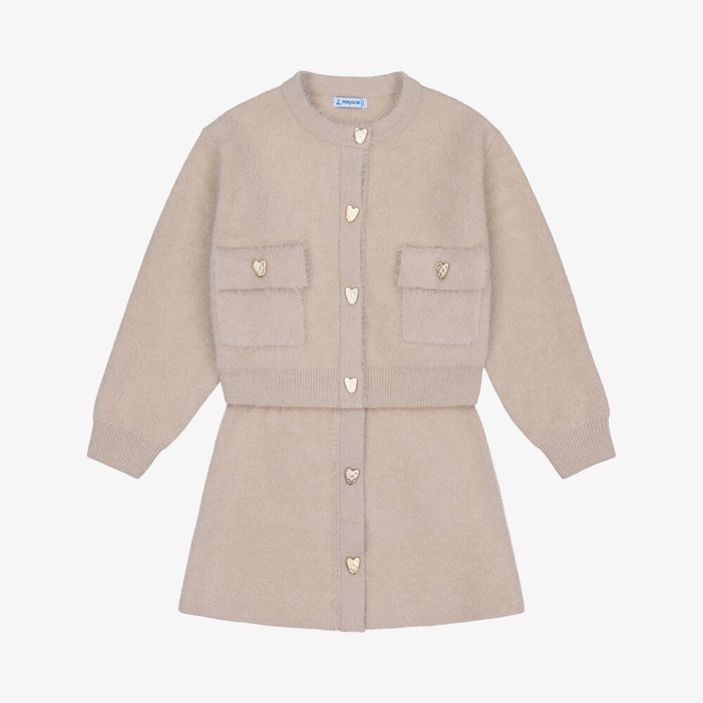 Mayoral-Girls Beige Fluffy Knit Skirt Set | Childrensalon
