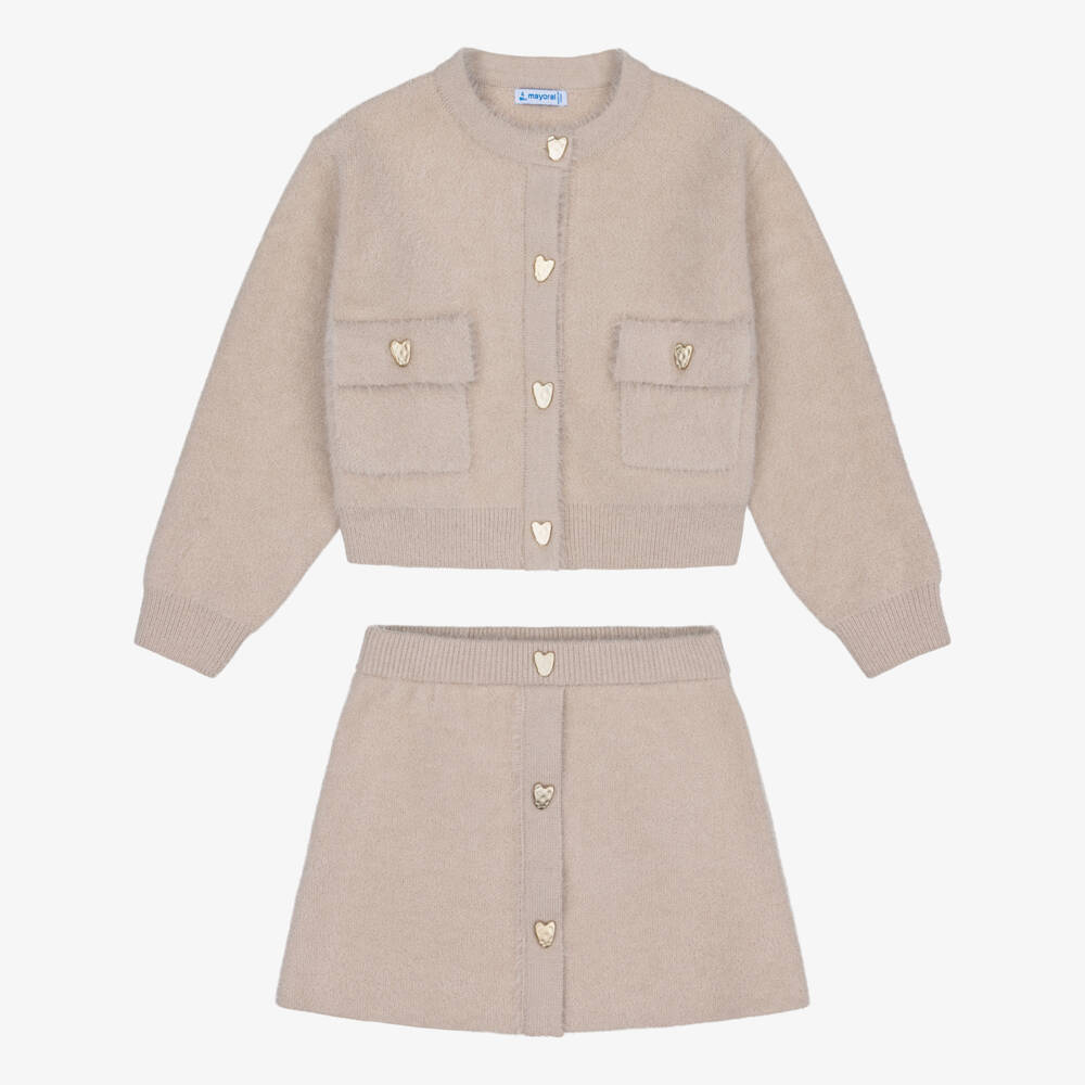 Mayoral-Girls Beige Fluffy Knit Skirt Set | Childrensalon