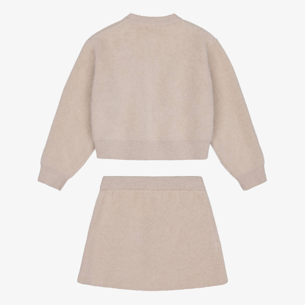 Mayoral-Girls Beige Fluffy Knit Skirt Set | Childrensalon