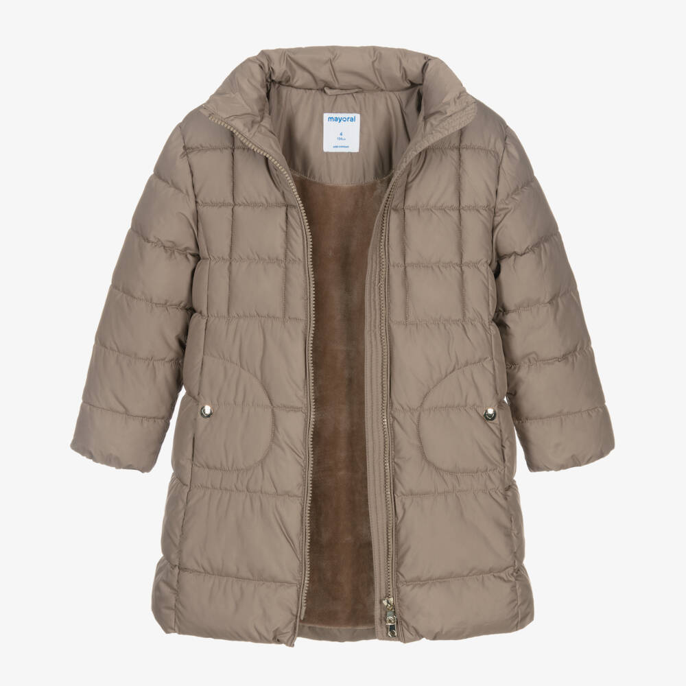 Mayoral-Girls Beige Hooded Puffer Coat | Childrensalon
