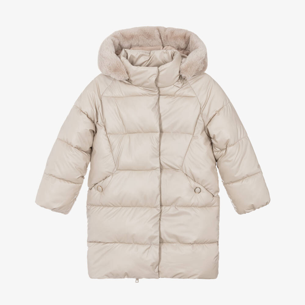 Mayoral-Бежевое пуховое пальто с капюшоном и отделкой из искусственного меха для девочек | Childrensalon