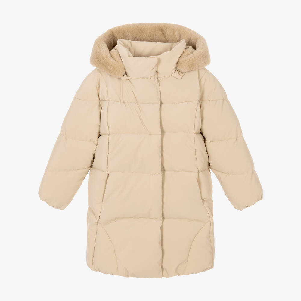 Mayoral-Girls Beige Hooded Puffer Coat With Faux Fur Trim | Childrensalon
