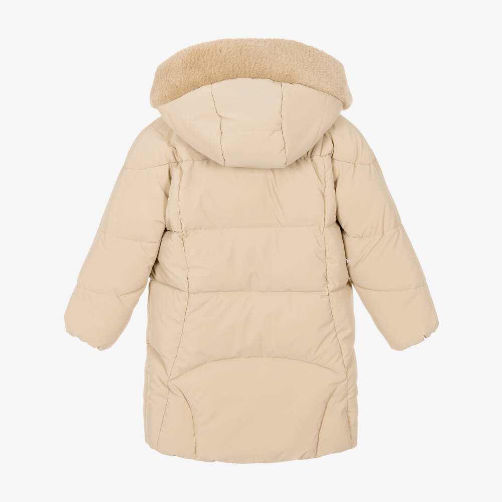 Mayoral-Girls Beige Hooded Puffer Coat With Faux Fur Trim | Childrensalon