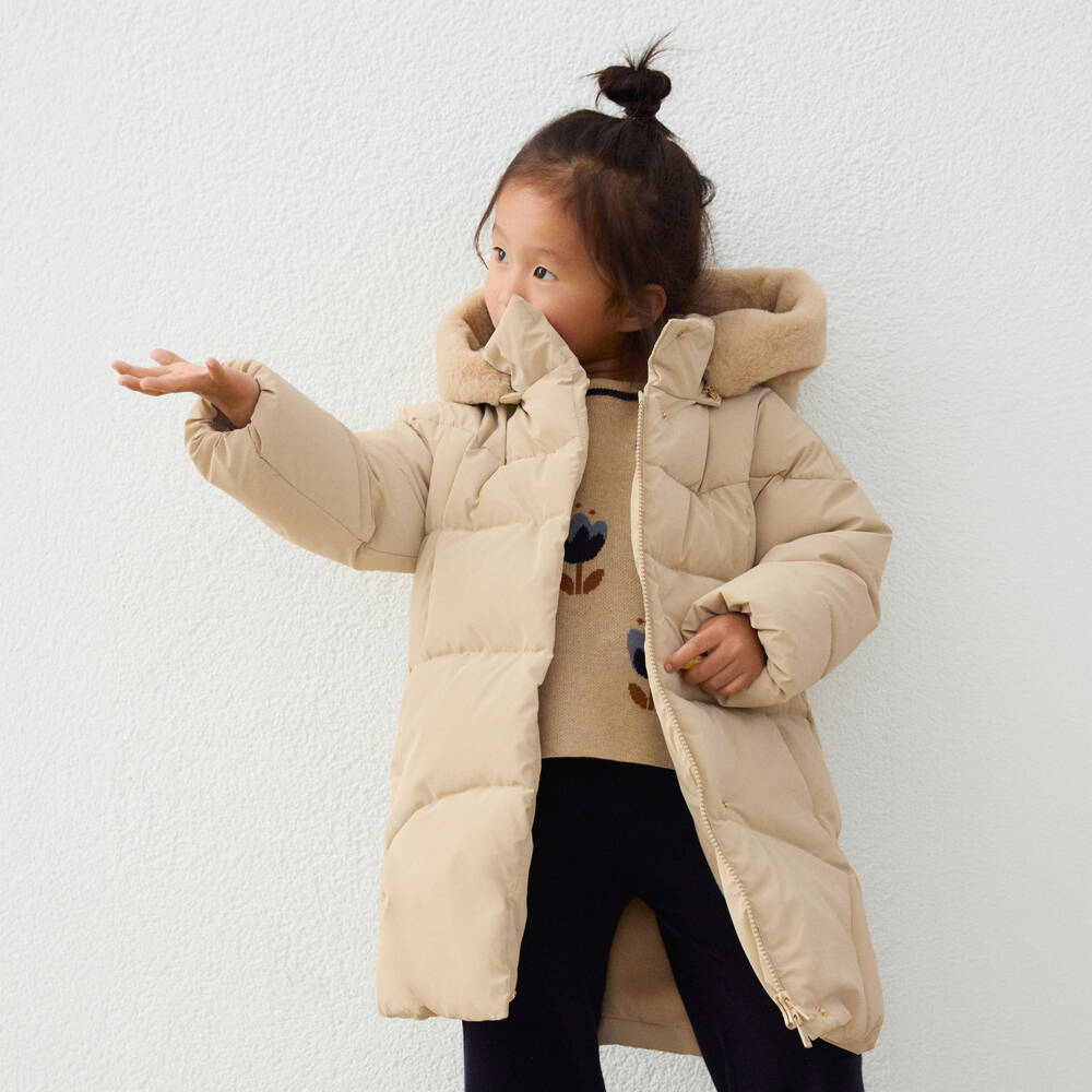 Mayoral-Girls Beige Hooded Puffer Coat With Faux Fur Trim | Childrensalon