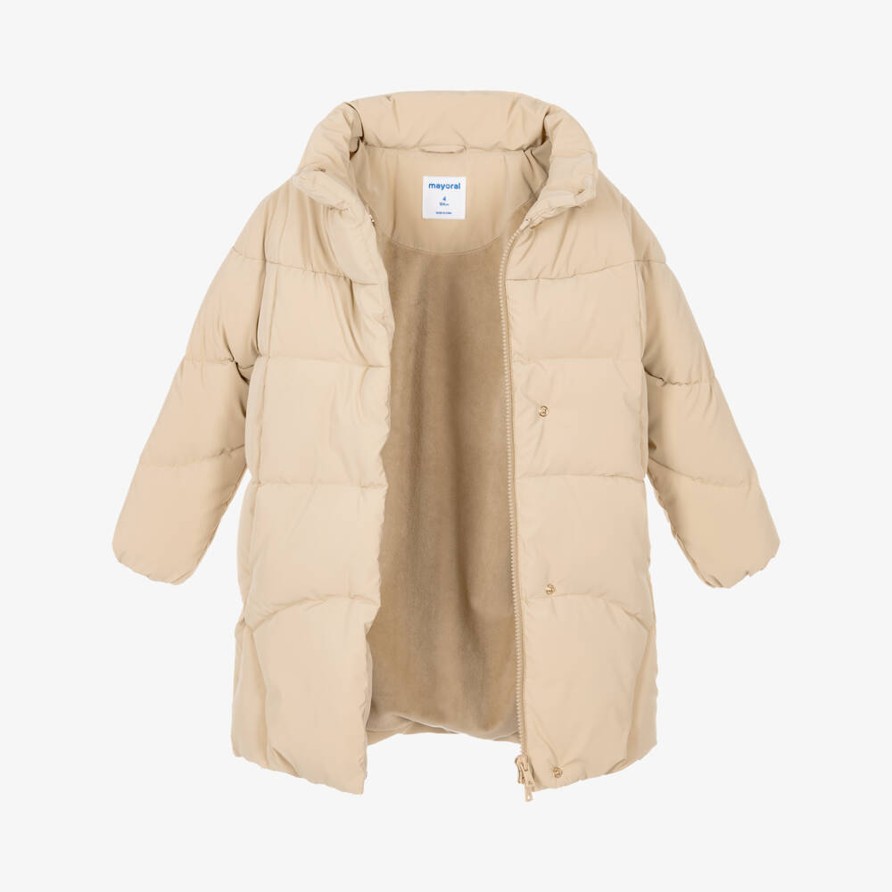 Mayoral-Girls Beige Hooded Puffer Coat With Faux Fur Trim | Childrensalon