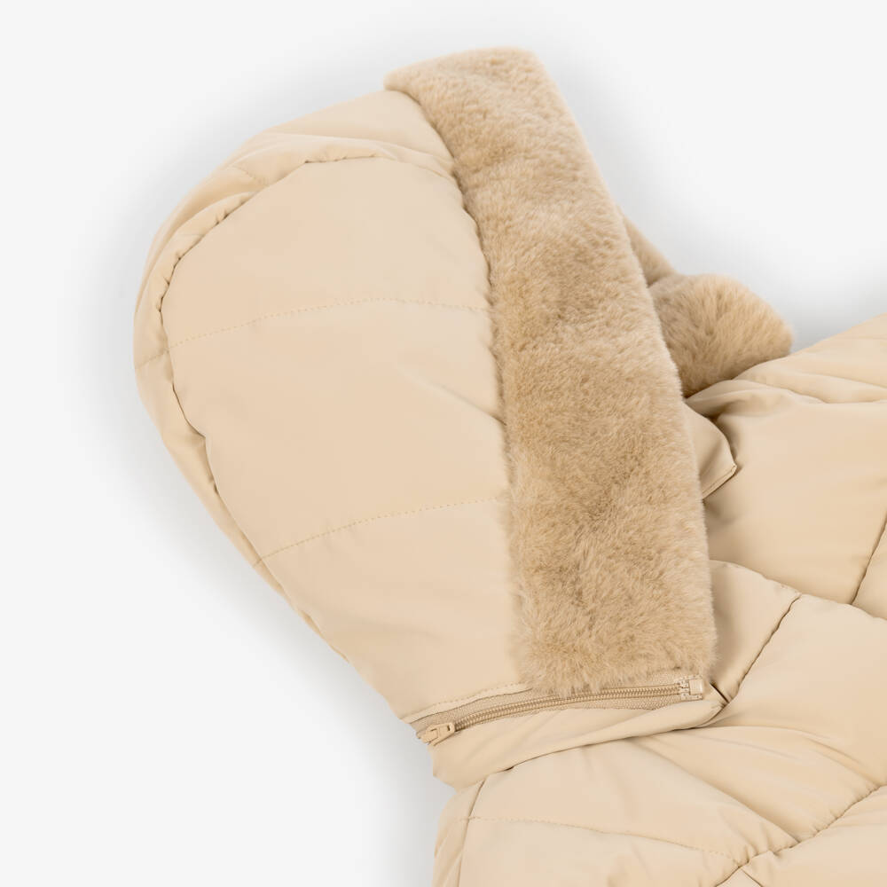 Mayoral-Girls Beige Hooded Puffer Coat With Faux Fur Trim | Childrensalon