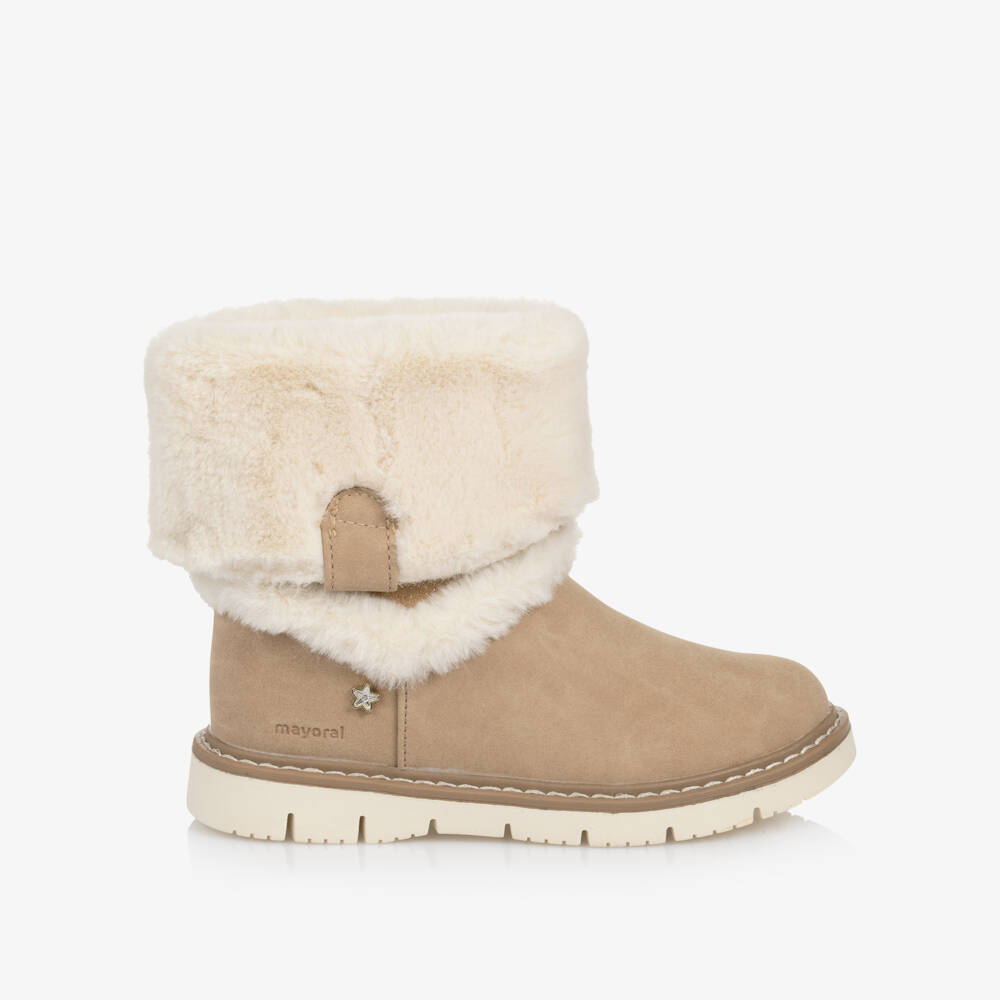 Mayoral-Girls Beige & Ivory Faux Suede & Fur Trim Boots | Childrensalon
