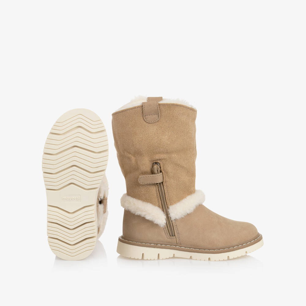 Mayoral-Girls Beige & Ivory Faux Suede & Fur Trim Boots | Childrensalon