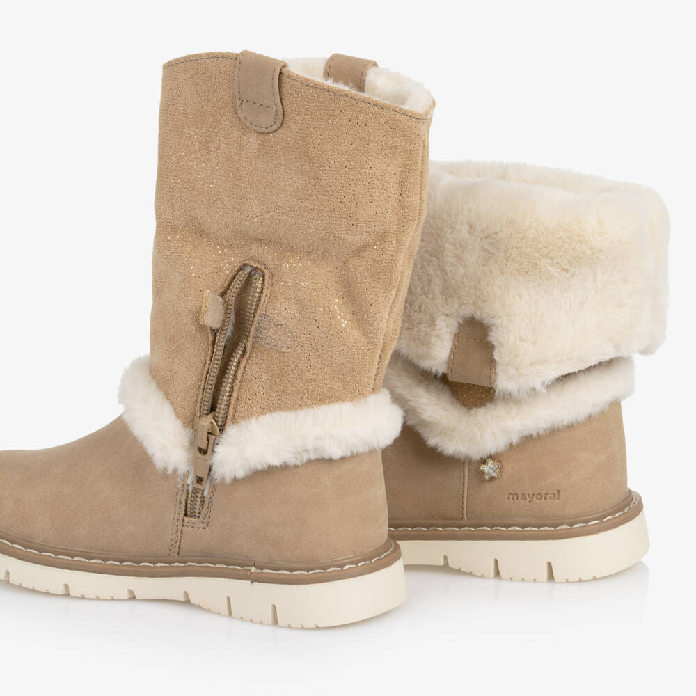 Mayoral-Girls Beige & Ivory Faux Suede & Fur Trim Boots | Childrensalon