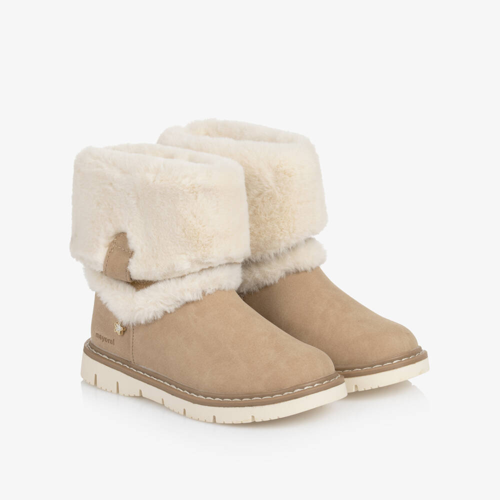 Mayoral-Girls Beige & Ivory Faux Suede & Fur Trim Boots | Childrensalon