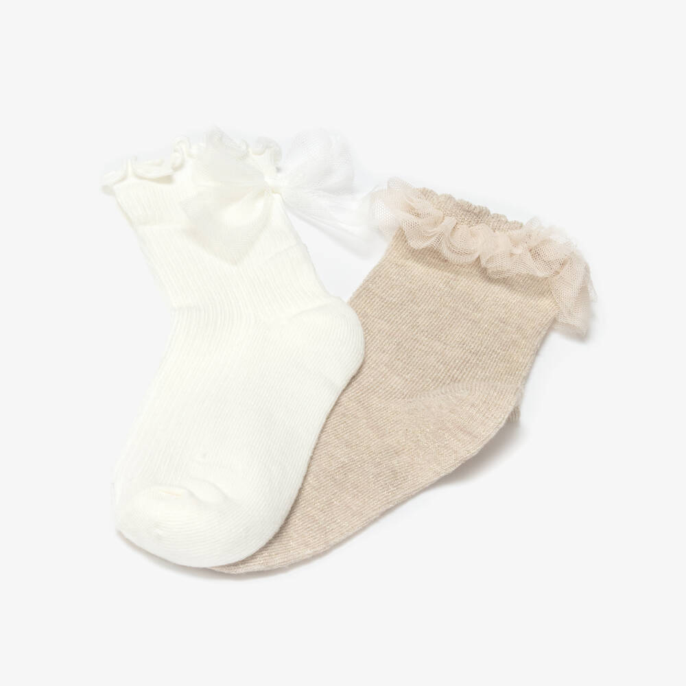 Mayoral-Girls Beige & Ivory Knitted Socks (2 Pack) | Childrensalon