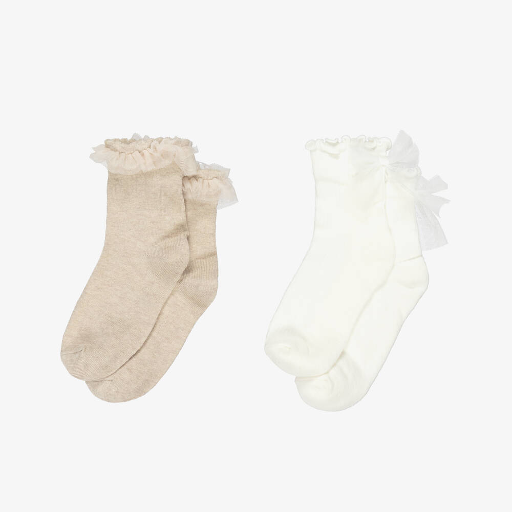 Mayoral-Girls Beige & Ivory Knitted Socks (2 Pack) | Childrensalon