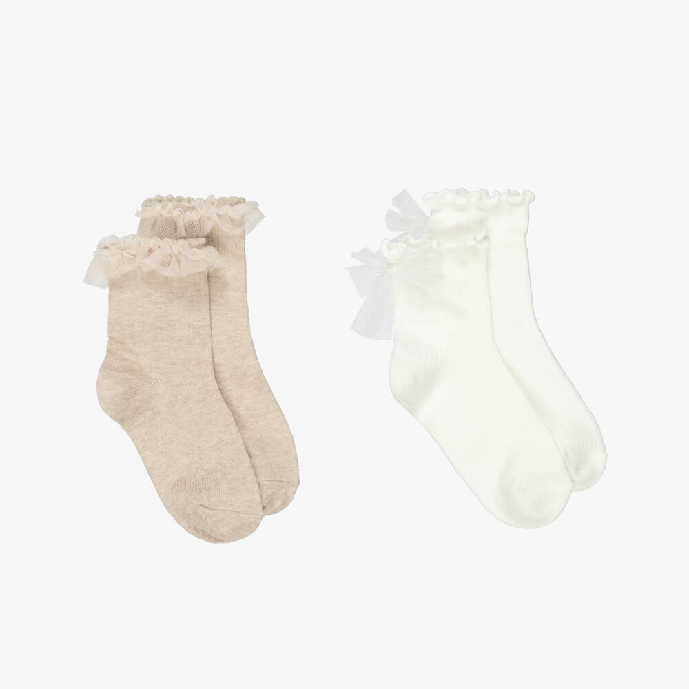 Mayoral-Girls Beige & Ivory Knitted Socks (2 Pack) | Childrensalon