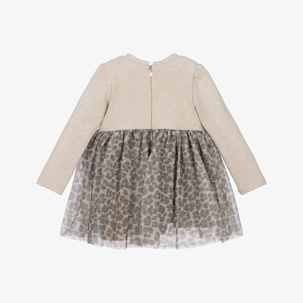 Mayoral-Girls Beige Jersey & Leopard Print Tulle Dress | Childrensalon