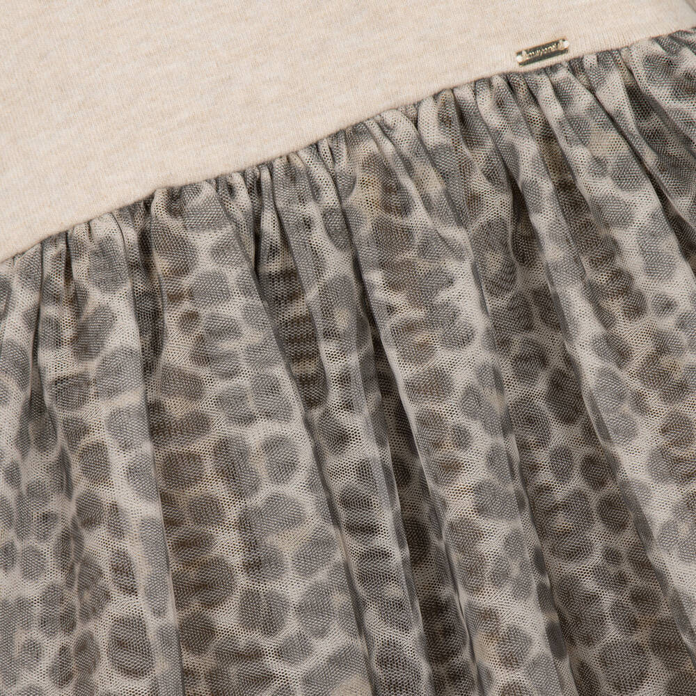 Mayoral-Girls Beige Jersey & Leopard Print Tulle Dress | Childrensalon
