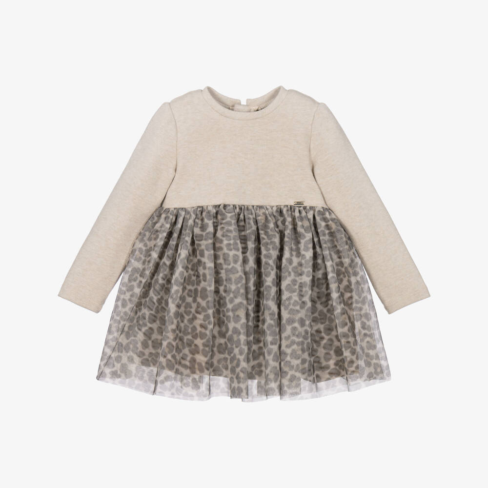 Mayoral-Girls Beige Jersey & Leopard Print Tulle Dress | Childrensalon