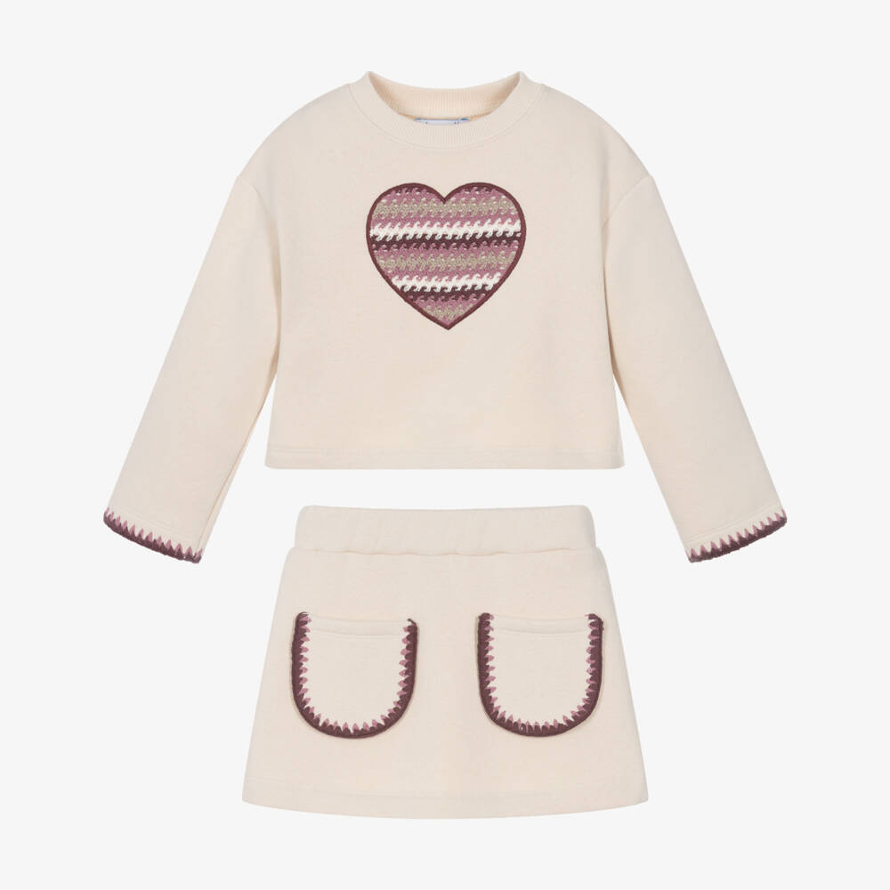 Mayoral-Girls Beige Jersey Skirt Set with Heart | Childrensalon
