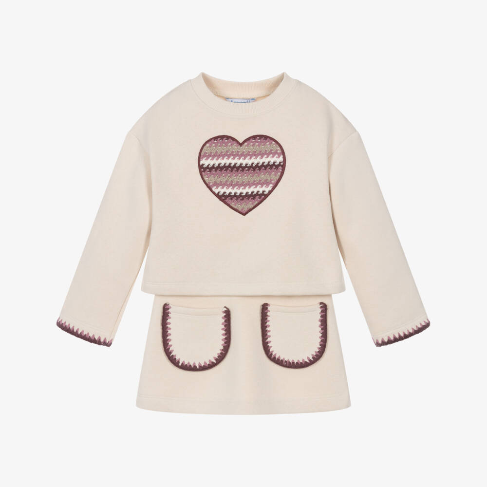 Mayoral-Girls Beige Jersey Skirt Set with Heart  | Childrensalon