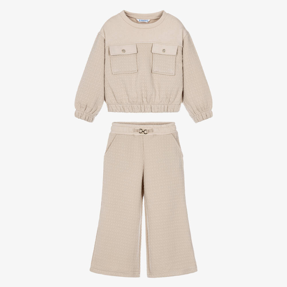 Mayoral-Girls Beige Jersey Wide-Leg Trouser Set | Childrensalon
