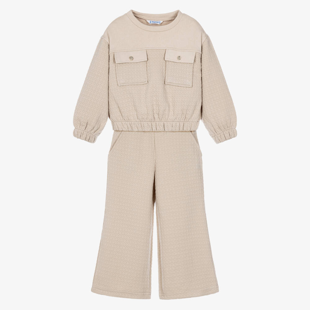 Mayoral-Girls Beige Jersey Wide-Leg Trouser Set | Childrensalon