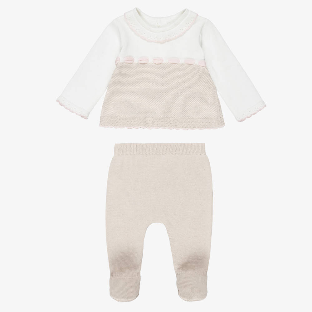 Mayoral Для новорожденных-Girls Beige Knitted 2 Piece Babygrow with Scalloped Trim | Childrensalon