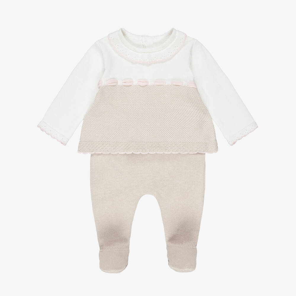 Mayoral Для новорожденных-Girls Beige Knitted 2 Piece Babygrow with Scalloped Trim | Childrensalon