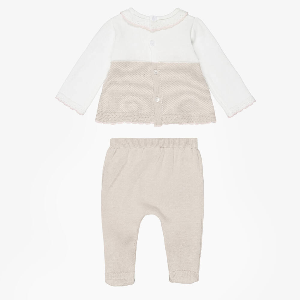 Mayoral Для новорожденных-Girls Beige Knitted 2 Piece Babygrow with Scalloped Trim | Childrensalon