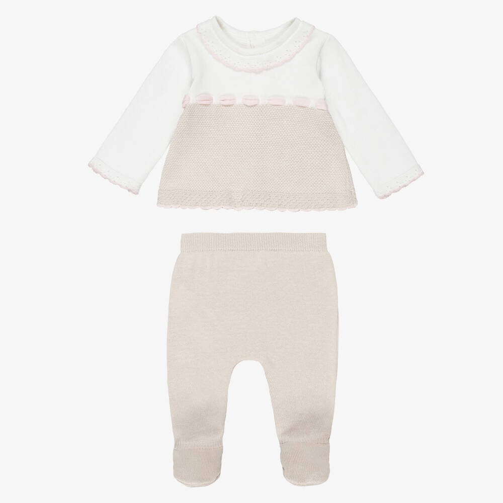 Mayoral Для новорожденных-Girls Beige Knitted 2 Piece Babygrow with Scalloped Trim | Childrensalon
