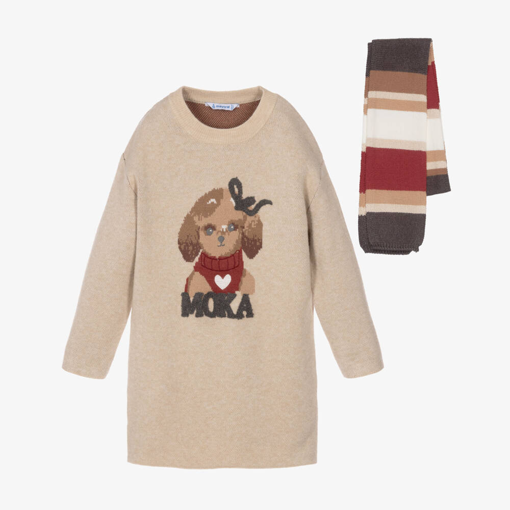 Mayoral-Girls Beige Knitted Dog Dress with Scarf | Childrensalon