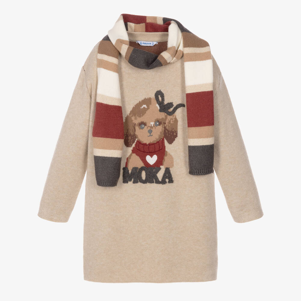 Mayoral-Girls Beige Knitted Dog Dress with Scarf | Childrensalon