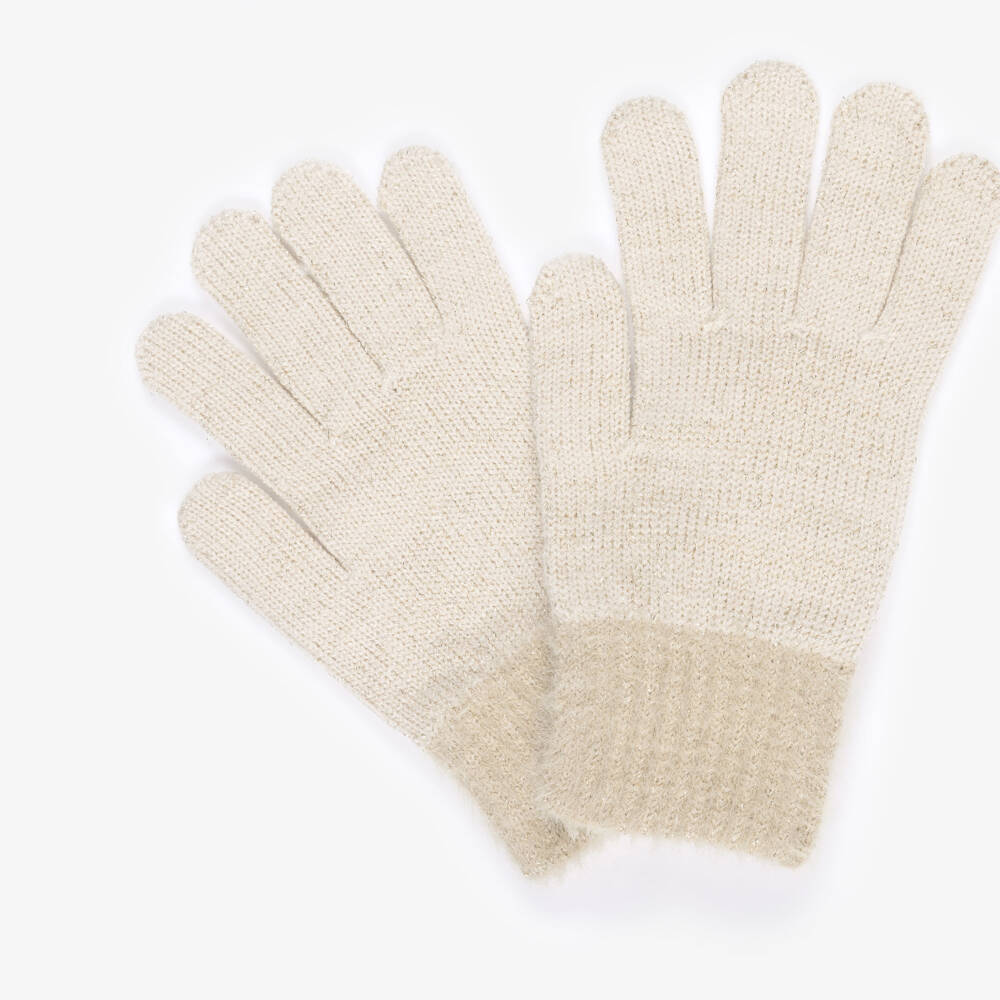 Mayoral-Girls Beige Knitted Gloves with Fluffy Cuffs | Childrensalon