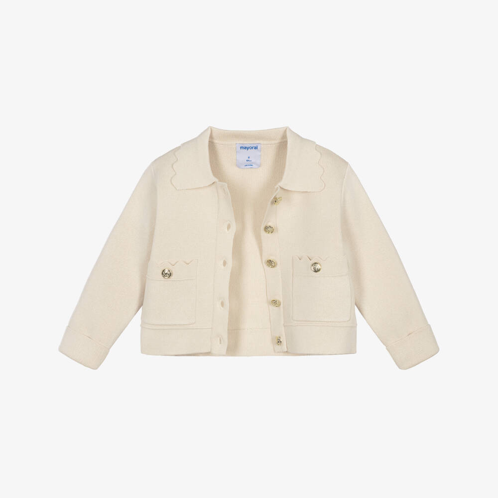 Mayoral-Girls Beige Knitted Jacket with Scalloped Trims | Childrensalon