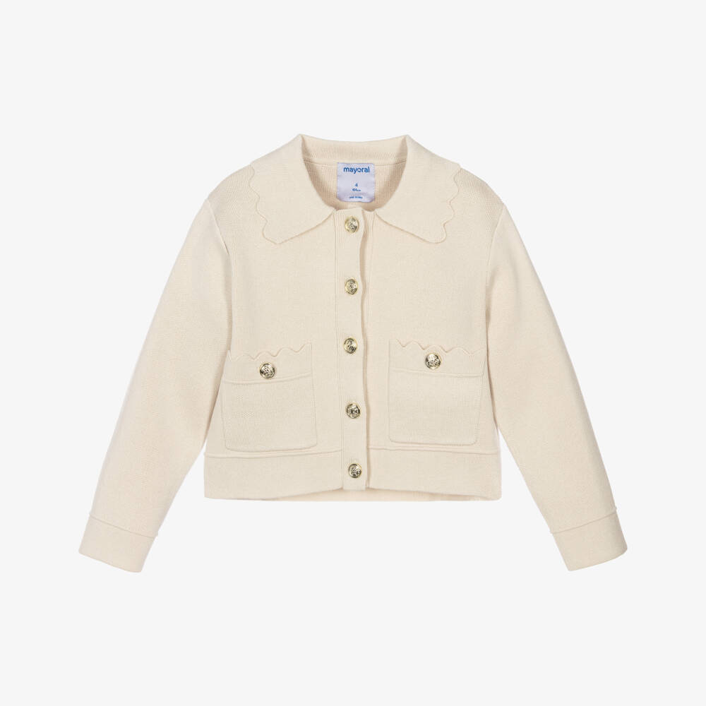 Mayoral-Girls Beige Knitted Jacket with Scalloped Trims | Childrensalon