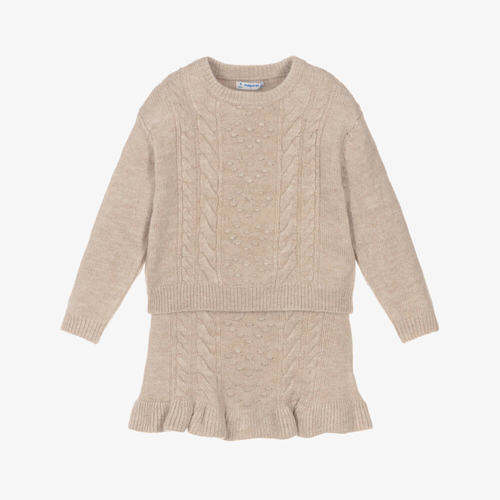 Mayoral-Girls Beige Knitted Skirt Set | Childrensalon