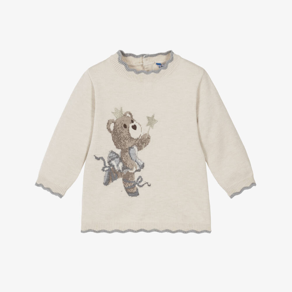 Mayoral-Girls Beige Knitted Sweater Dress with Ballerina Bear | Childrensalon