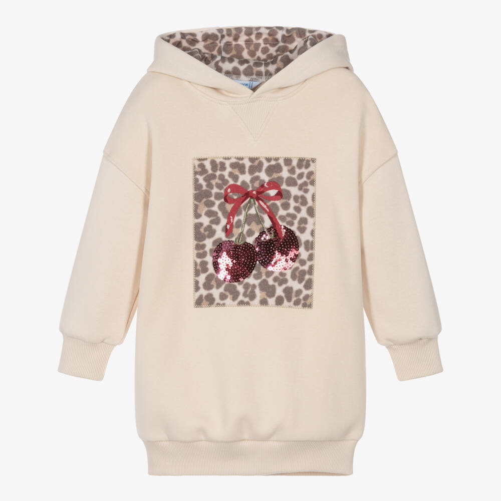 Mayoral-Girls Beige Leopard Print & Sequin Cherry Hooded Dress | Childrensalon