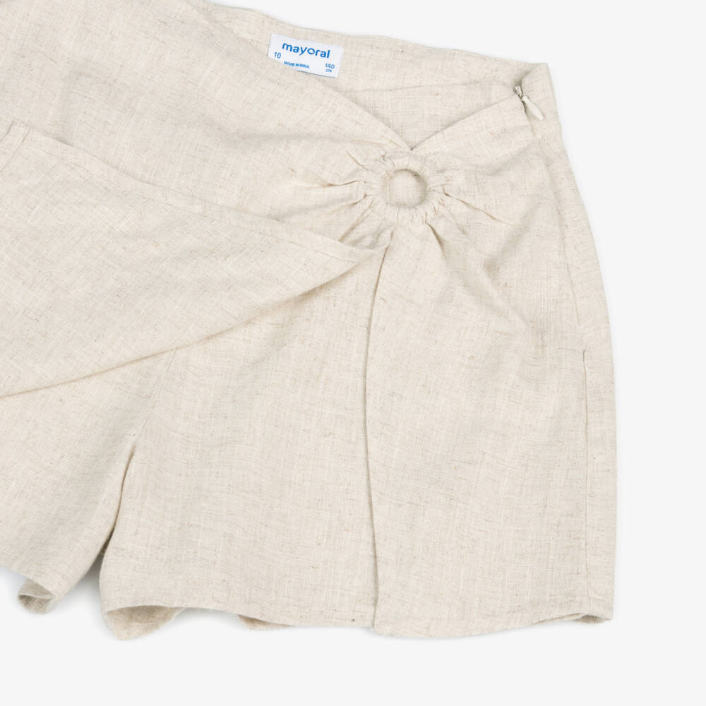 Mayoral-Girls Beige Linen Blend Wrap-Front Skort | Childrensalon
