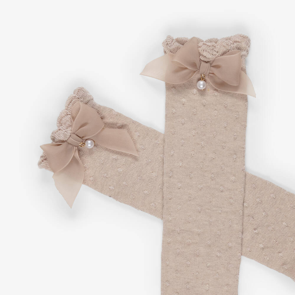 Mayoral-Girls Beige Long Socks with Pearl Bows | Childrensalon