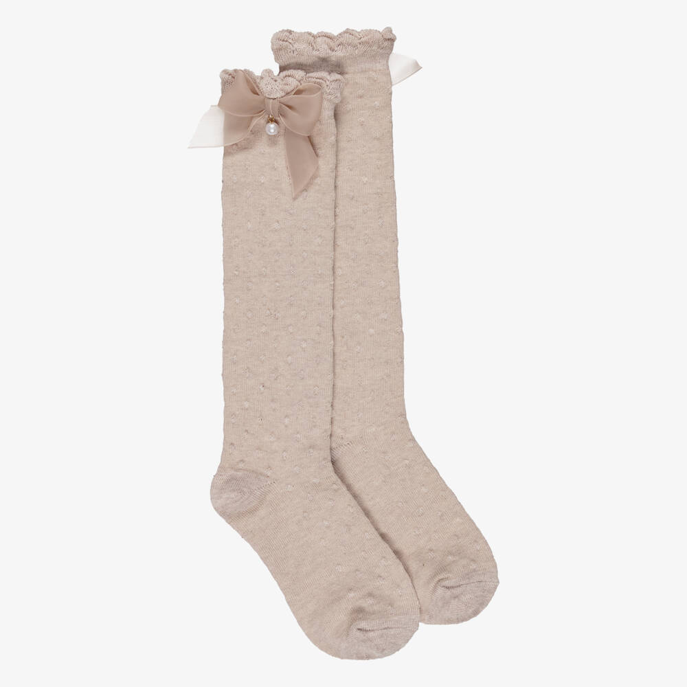 Mayoral-Girls Beige Long Socks with Pearl Bows | Childrensalon