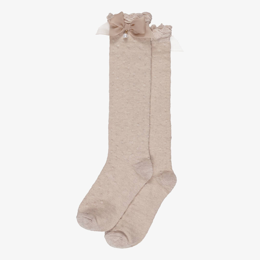 Mayoral-Girls Beige Long Socks with Pearl Bows | Childrensalon